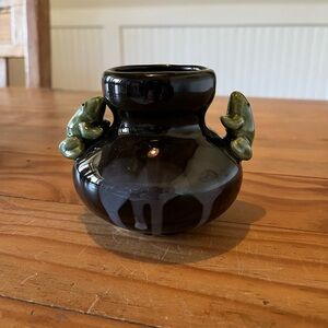 Majolica Style Drip Edge Glazed Pottery Vase with Frogs
